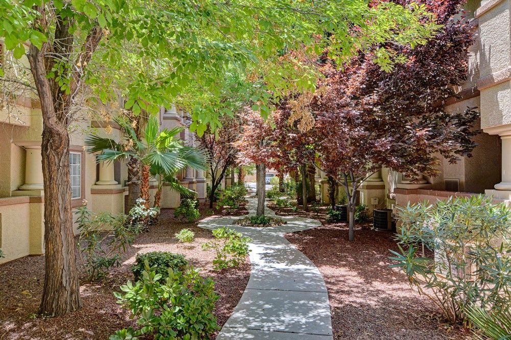 A winding pathway surrounded by lush trees and well-maintained landscaping.