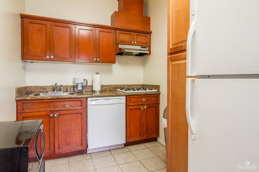A cozy kitchen with wooden cabinets, a stovetop, dishwasher, and refrigerator.