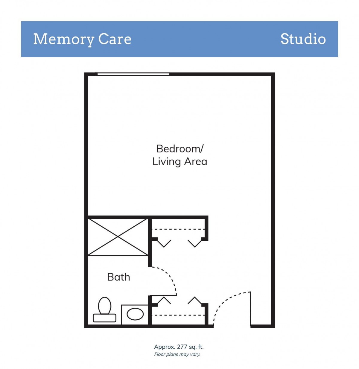 A floor plan layout of a memory care studio apartment.