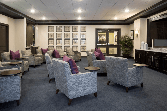 A cozy lobby with comfortable seating and elegant decor.