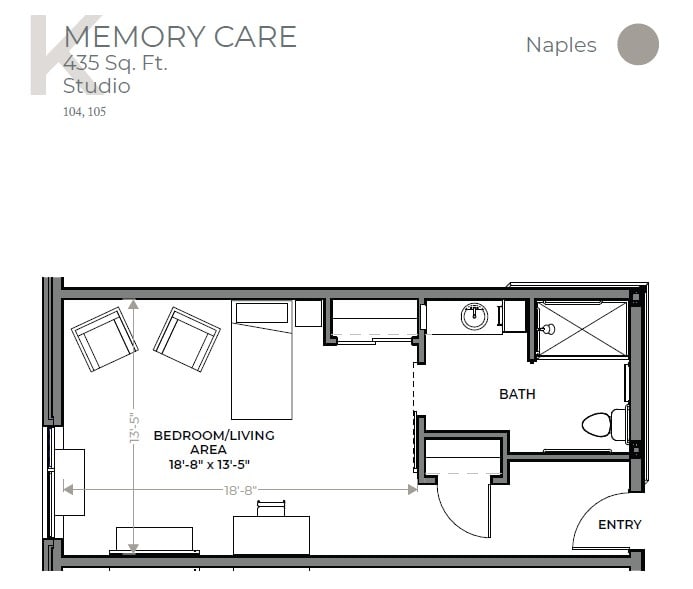 Layout of a memory care studio apartment, featuring a living area and bathroom.