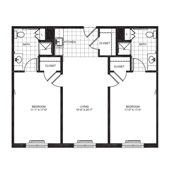 Floor plan of a two-bedroom apartment with living room and bathrooms.