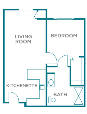 A simple floor plan showing a living room, kitchenette, bedroom, and bathroom.