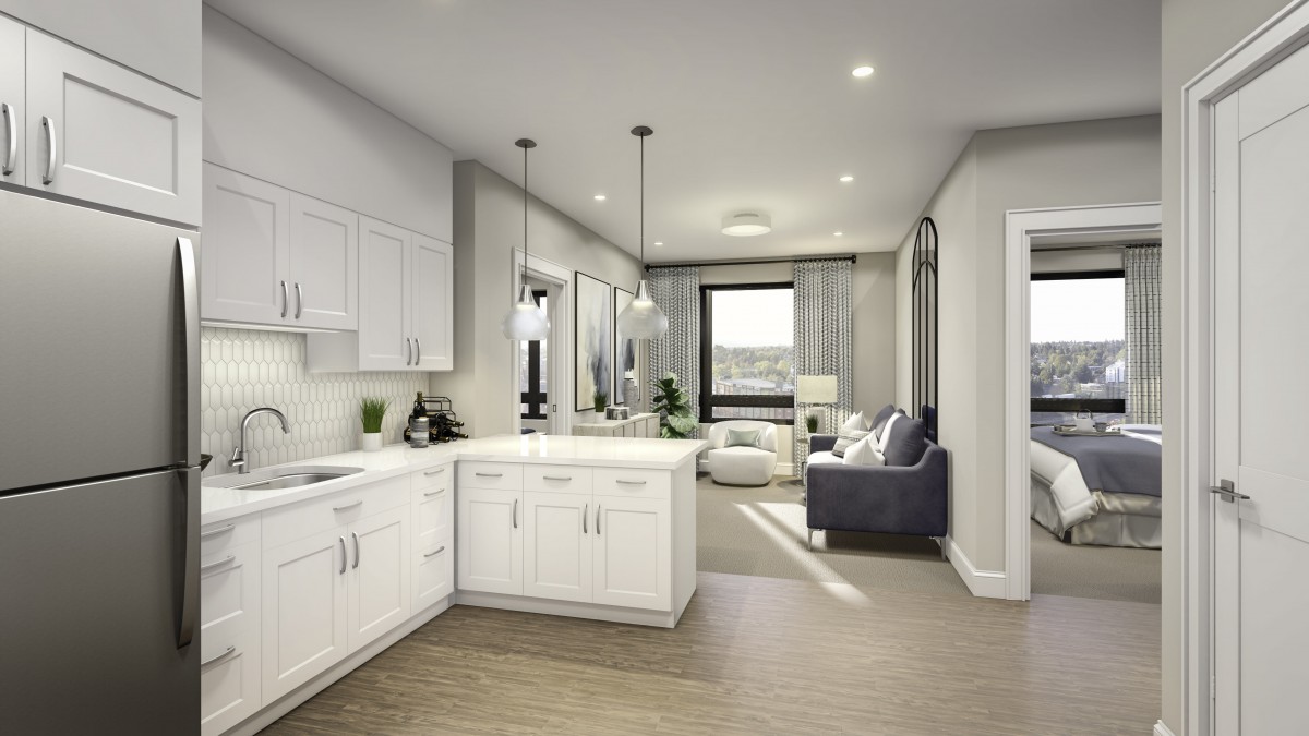 A modern open floor plan featuring a sleek kitchen with white cabinetry and pendant lights, leading into a cozy living area with contemporary decor.
