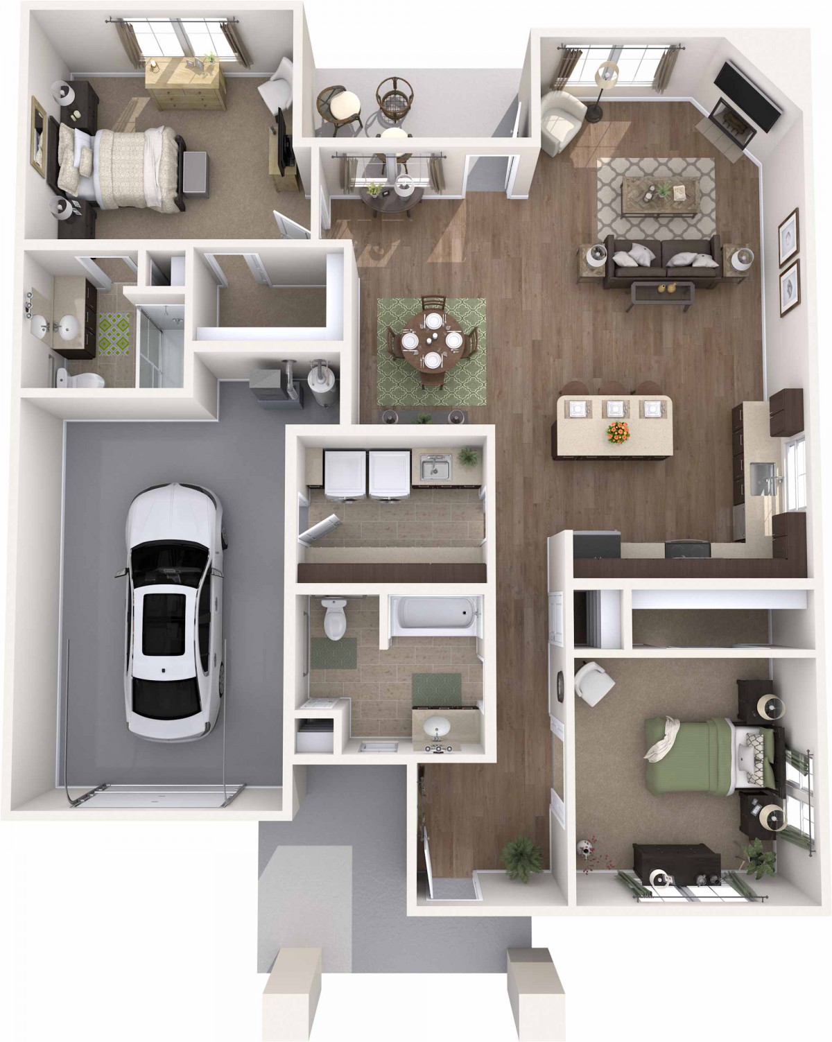 3D floor plan of a modern apartment with garage, living area, bedrooms, and kitchen.