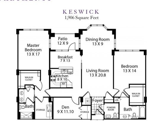 Floor plan of a house named Keswick with room dimensions and layout.