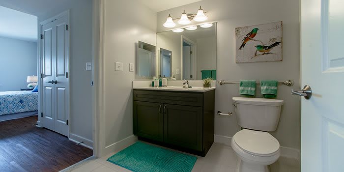 A modern bathroom featuring a stylish vanity with a sink, mirror, and overhead lighting.