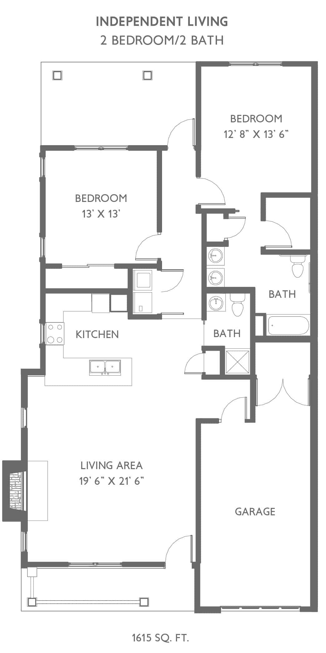 A floor plan of an apartment featuring one bedroom, two bathrooms, a kitchen, and a living area.
