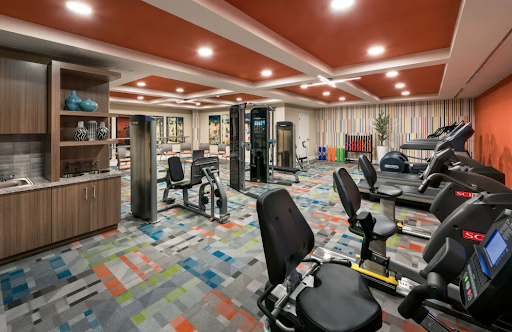 A modern gym featuring various exercise machines and a vibrant carpet.