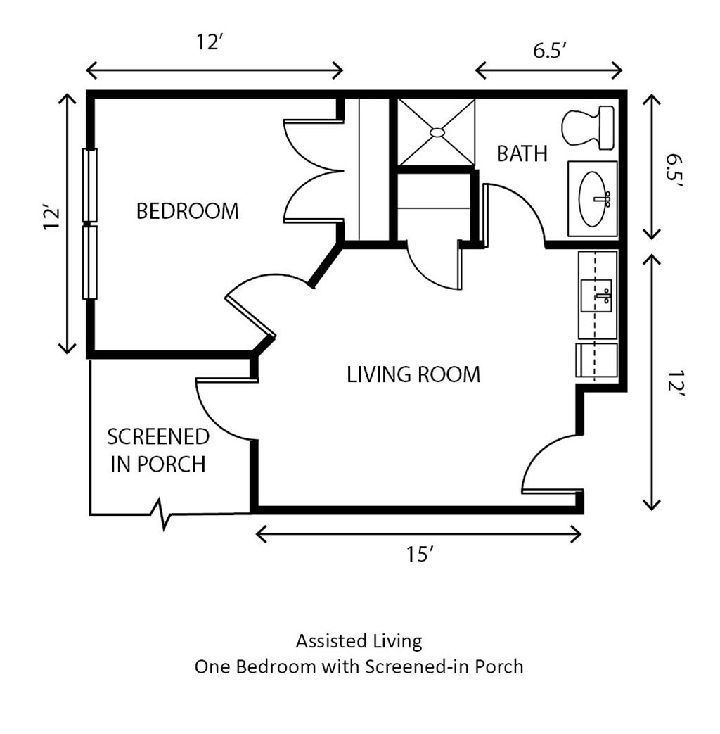 Floor plan of a one-bedroom apartment with a screened-in porch.