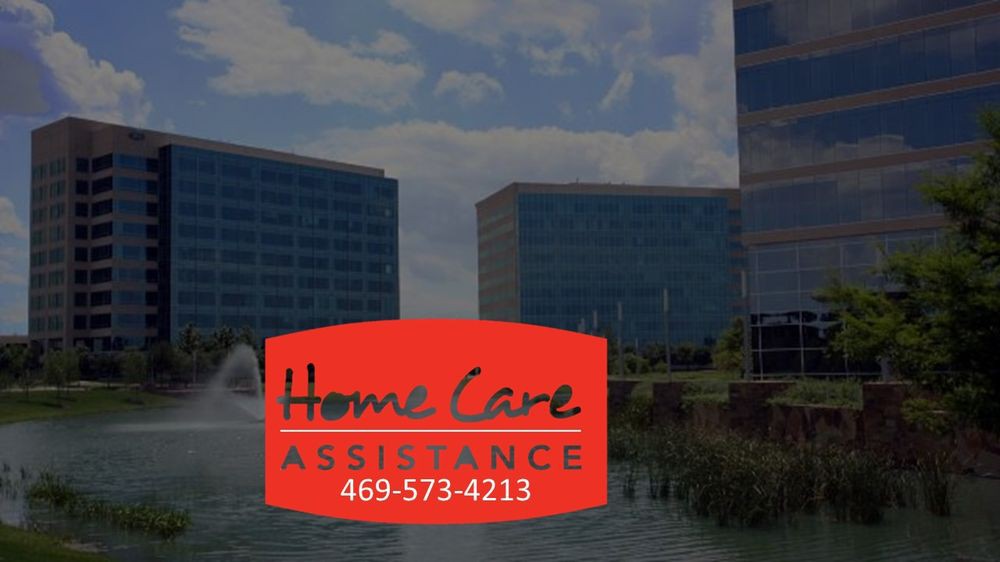 Home Care Assistance contact information overlaid on an office building background.