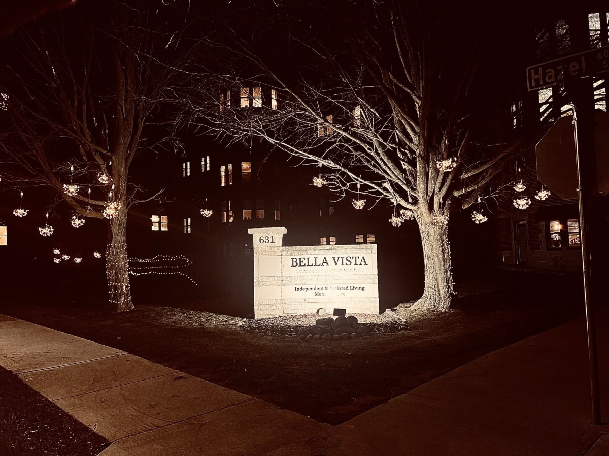A nighttime view of an illuminated sign and trees with hanging lights in front of a building.