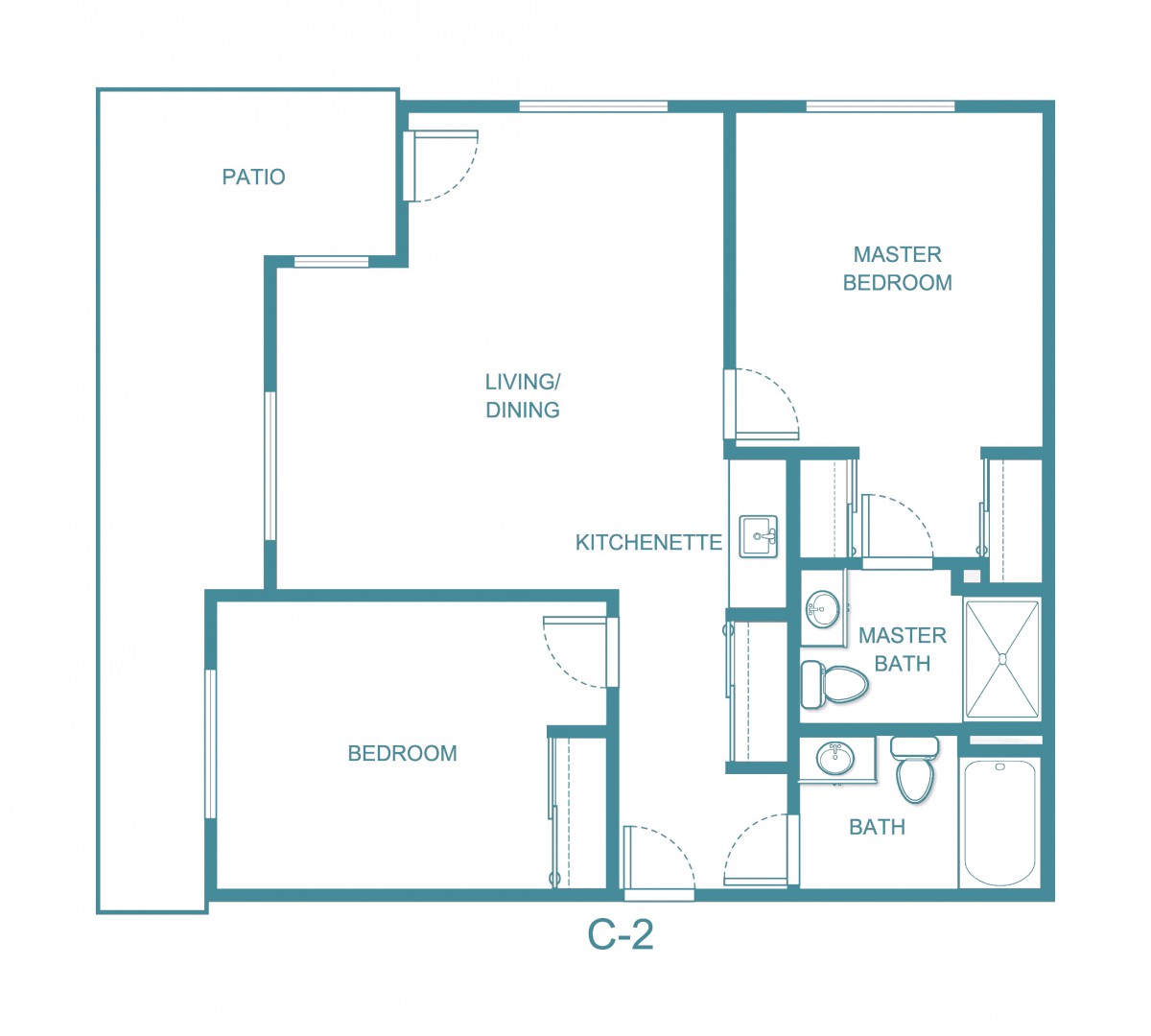 Blueprint of a two-bedroom apartment with labeled rooms and patio.