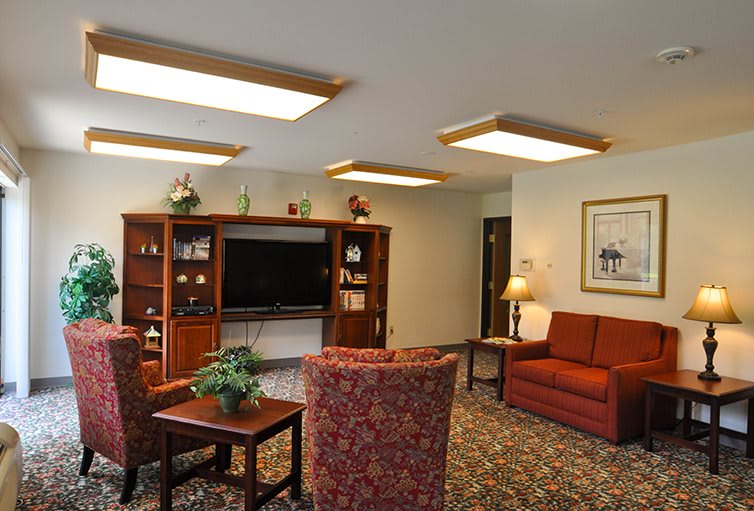 A cozy living room with sofas, chairs, a TV, and a bookshelf.