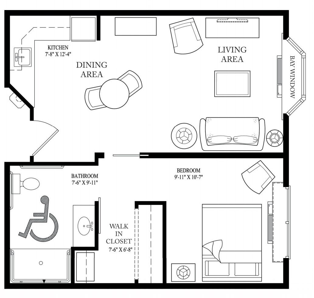 A floor plan of an accessible apartment featuring a living area, dining area, bedroom, kitchen, and bathroom.
