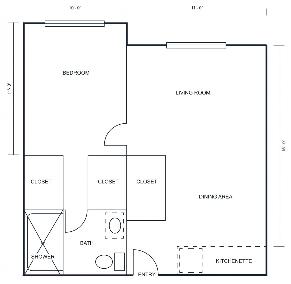A blueprint of an apartment floor plan featuring a bedroom, living room, kitchen area, bathroom, and multiple closets.