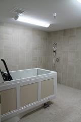A modern bathroom with a sleek bathtub and tiled walls.