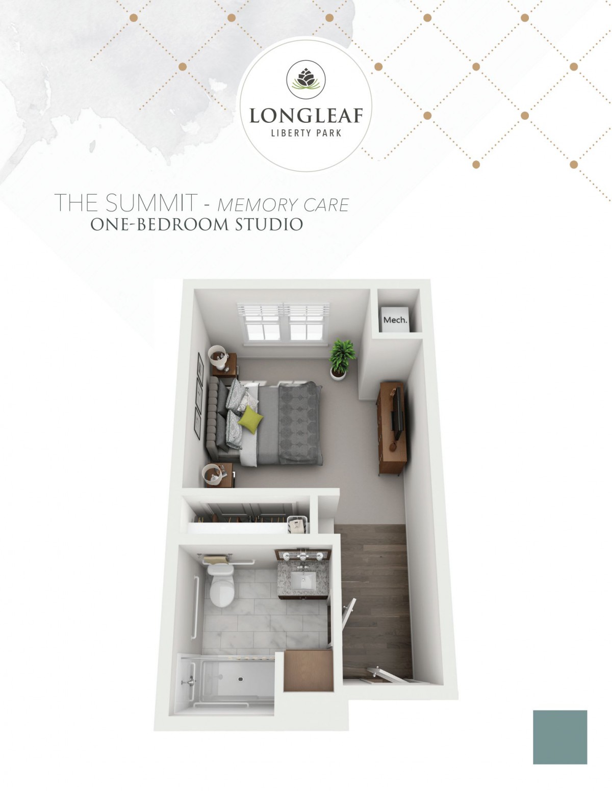 A 3D floor plan of a one-bedroom studio apartment at Longleaf Apartments.