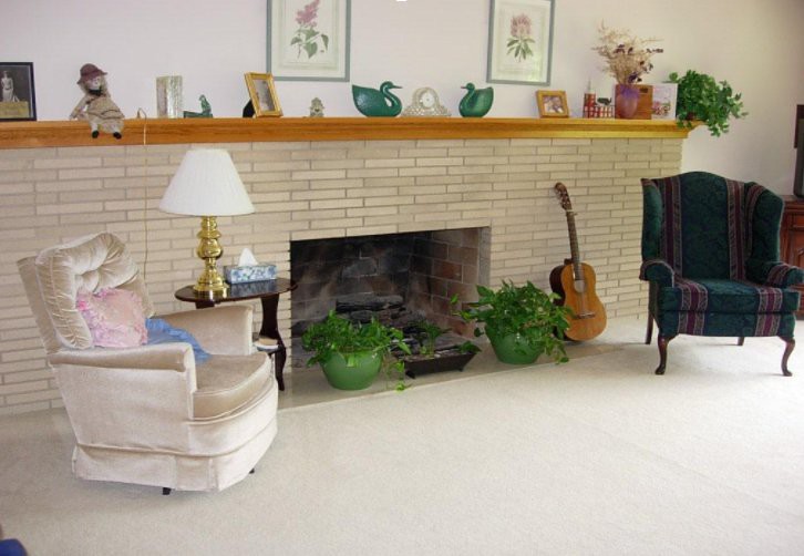 A cozy living room with a fireplace, armchair, potted plants, and a guitar leaning against the wall.