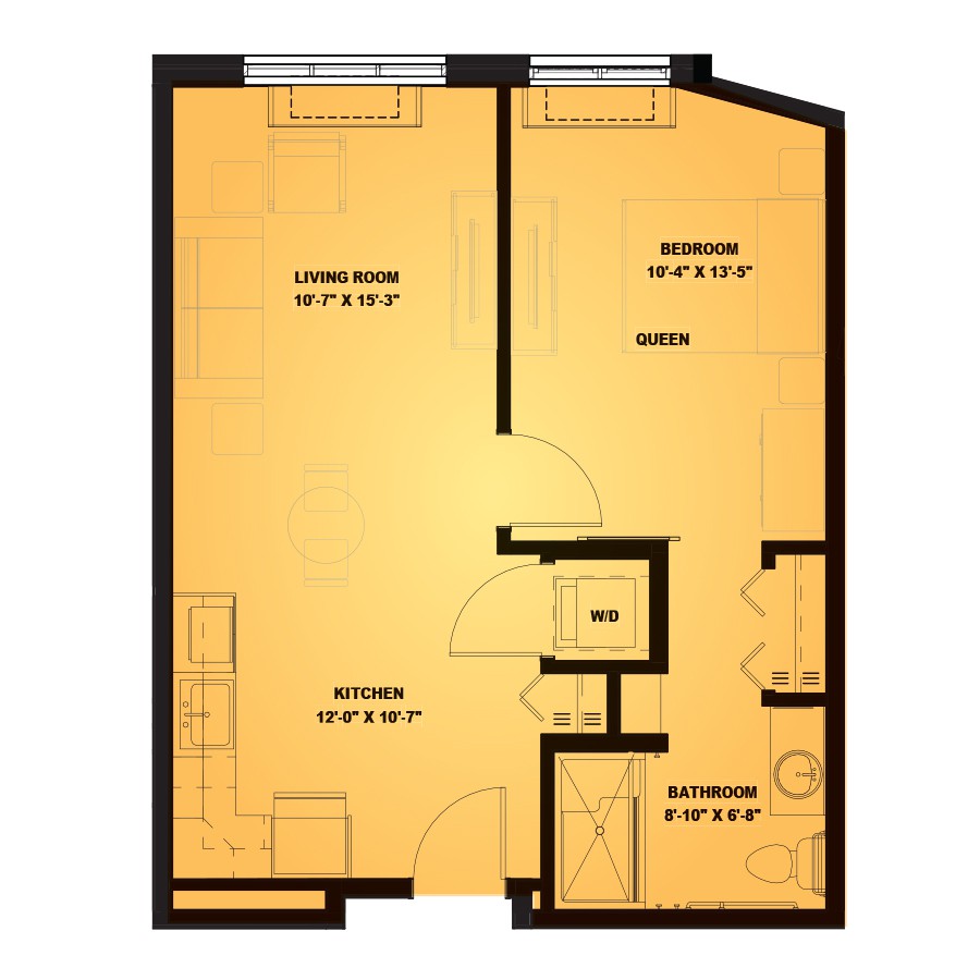 A floor plan of a small apartment featuring one bedroom, a kitchen, a living room, and a bathroom.