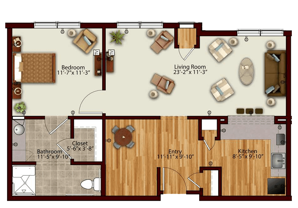 A detailed floor plan of a one-bedroom apartment featuring a living room, kitchen, dining area, and bathroom.