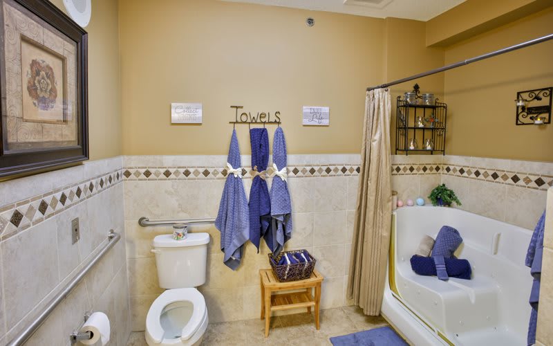 A neatly organized bathroom with blue towels hanging on the wall, a toilet, and a bathtub with a shower curtain.