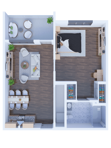 A modern apartment floor plan showcasing a living room, bedroom, kitchen, and bathroom.