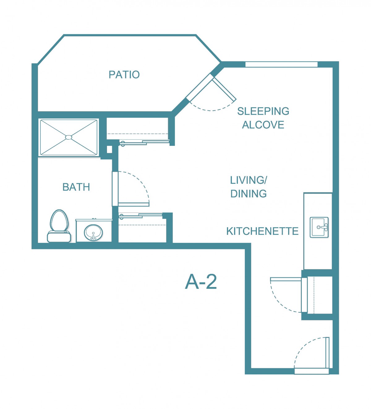 A floor plan of a studio apartment featuring a sleeping alcove, living/dining area, kitchenette, bathroom, and patio.