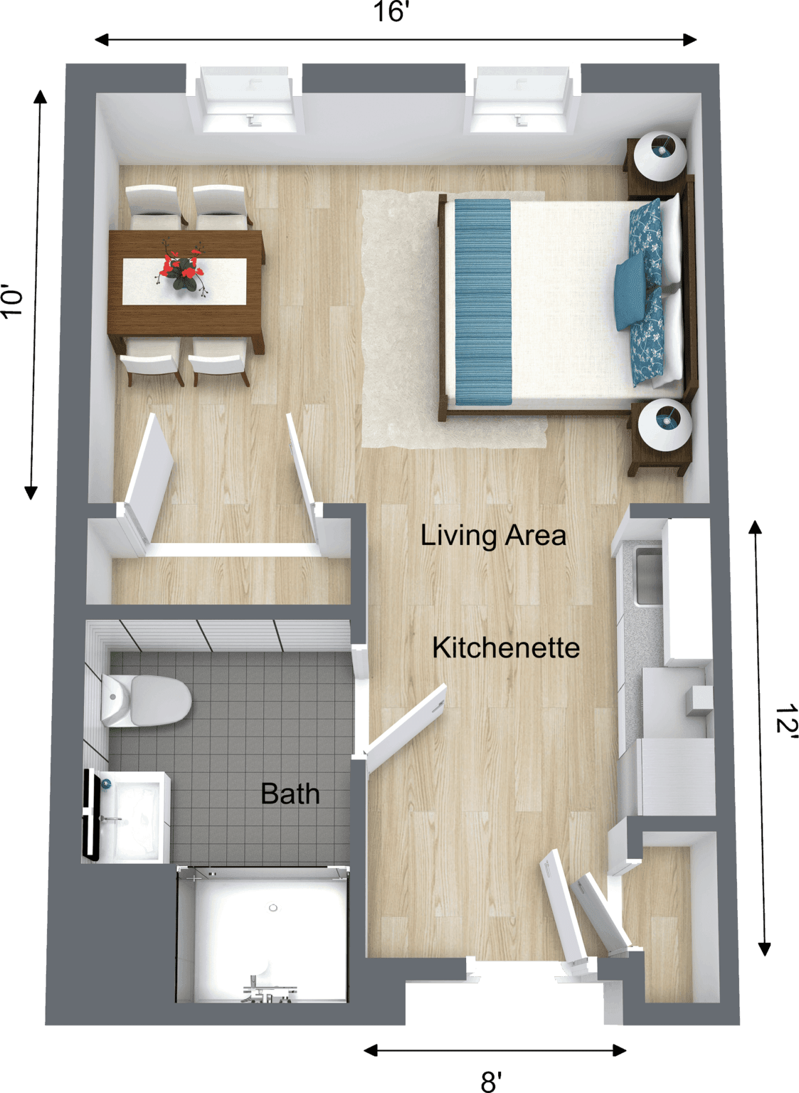 A floor plan of a studio apartment featuring a combined living and sleeping area, kitchenette, dining space, and a bathroom.