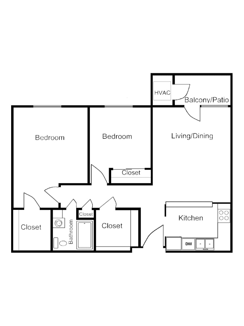 A detailed floor plan of a two-bedroom apartment with a living room, kitchen, and bathroom.