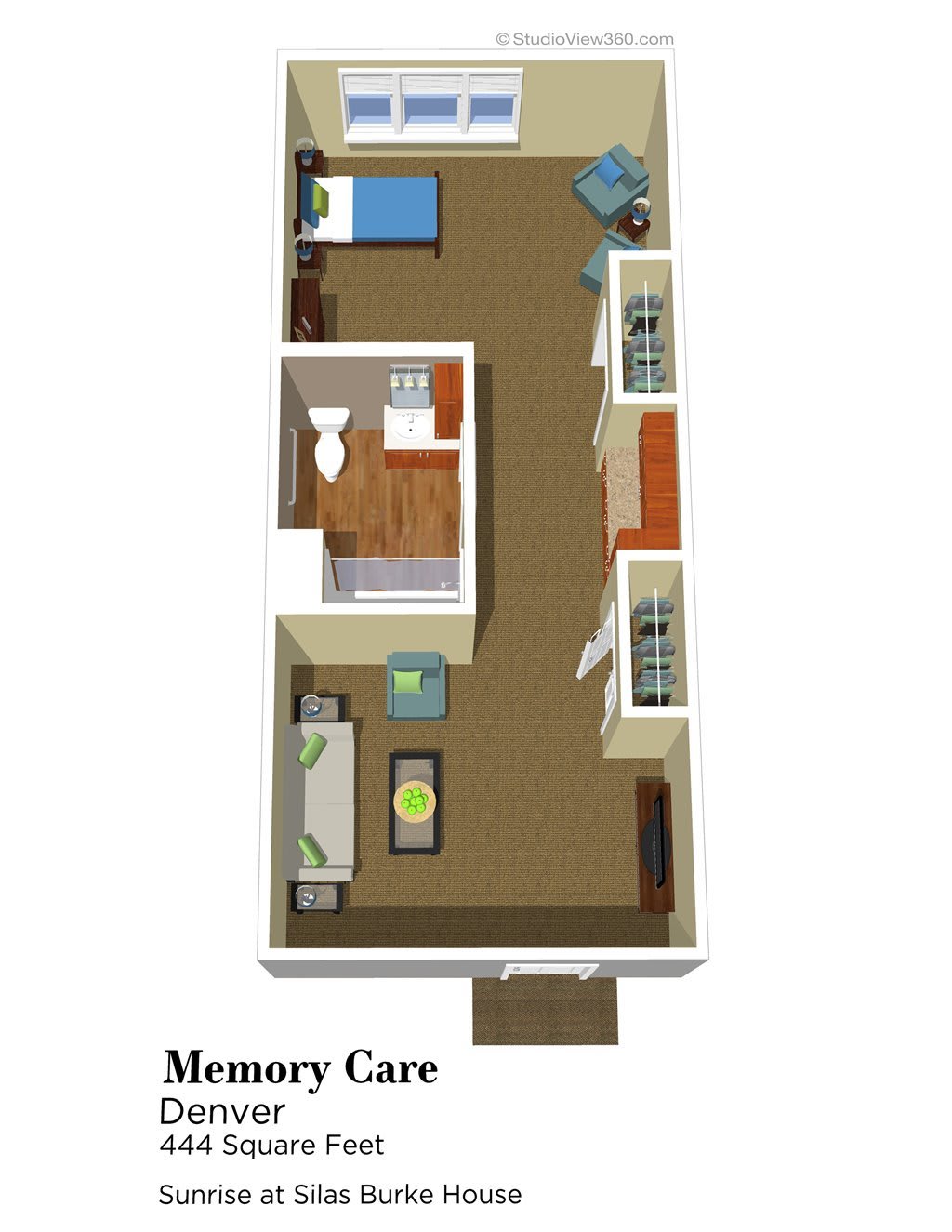 A floor plan layout for a memory care unit, featuring a bedroom, bathroom, and living area.