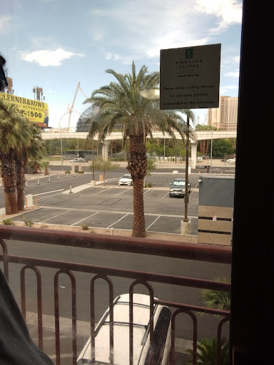 A view of a quiet urban scene featuring palm trees and an empty parking lot.