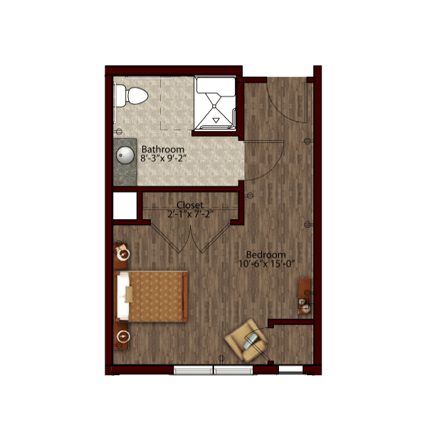 A floor plan of a compact studio apartment featuring a bedroom area, living space, kitchenette, and bathroom.