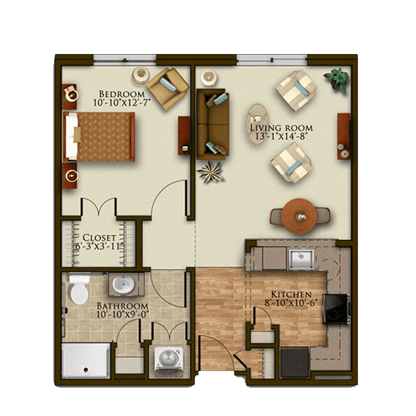 A detailed floor plan of a one-bedroom apartment showing the layout of different rooms, including the living room, kitchen, bathroom, and bedroom.