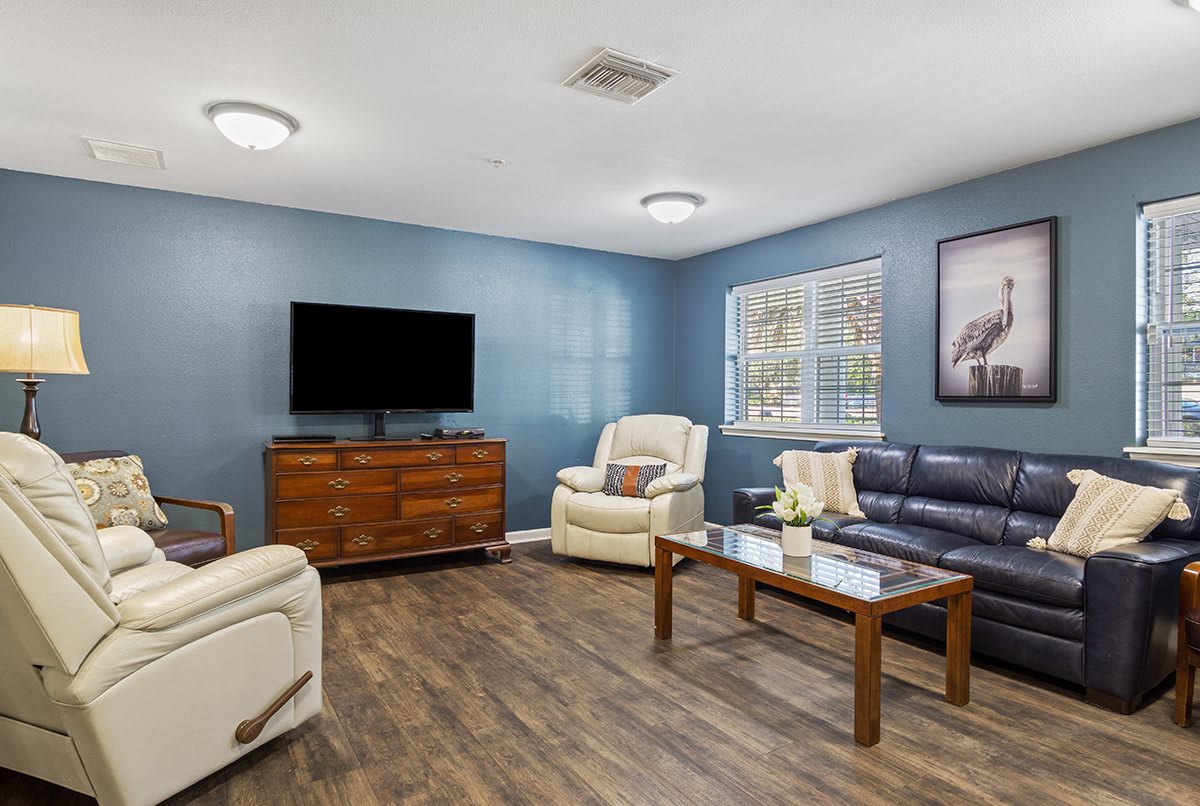 A modern living room featuring a comfortable sofa set, a television on a wooden stand, and elegant decor.