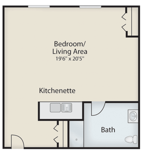Studio apartment floor plan featuring a combined bedroom and living area, kitchenette, and bathroom.