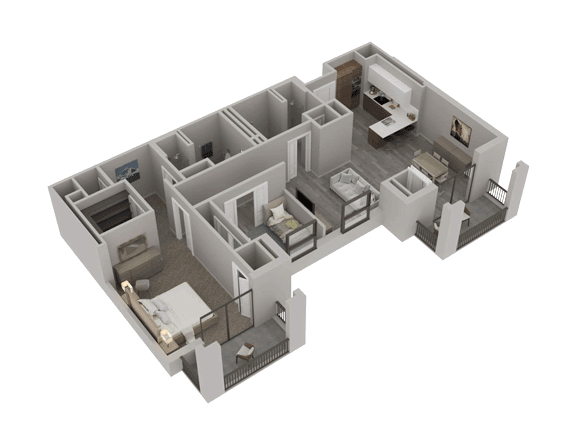 A 3D rendering of a modern apartment floor plan showcasing the layout of different rooms.