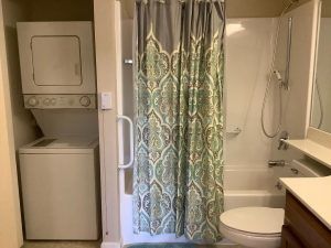 A compact bathroom with a shower and laundry area.