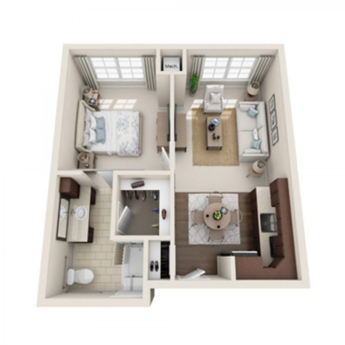 A 3D floor plan of a one-bedroom apartment featuring a living room, kitchen, and bathroom.