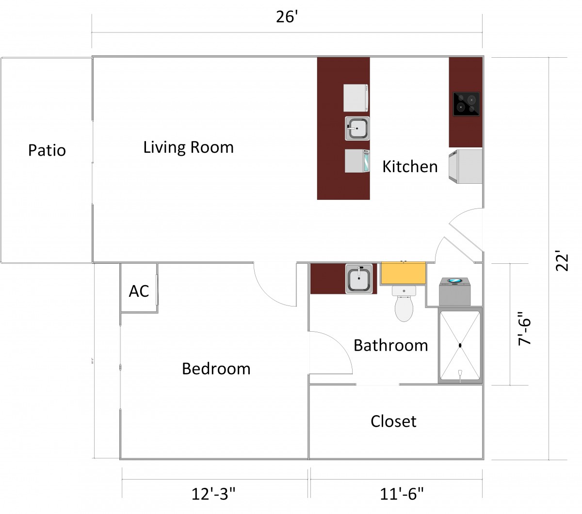 A floor plan of an apartment showing the layout of different rooms including a living room, kitchen, bedroom, bathroom, and closet.