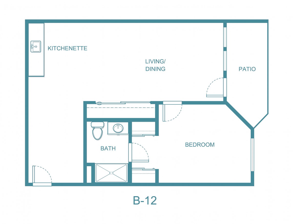 Blueprint of an apartment labeled as B-12, featuring a kitchenette, living/dining area, bedroom, bathroom, and patio.
