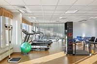 A modern gym with treadmills and exercise equipment in a bright setting.