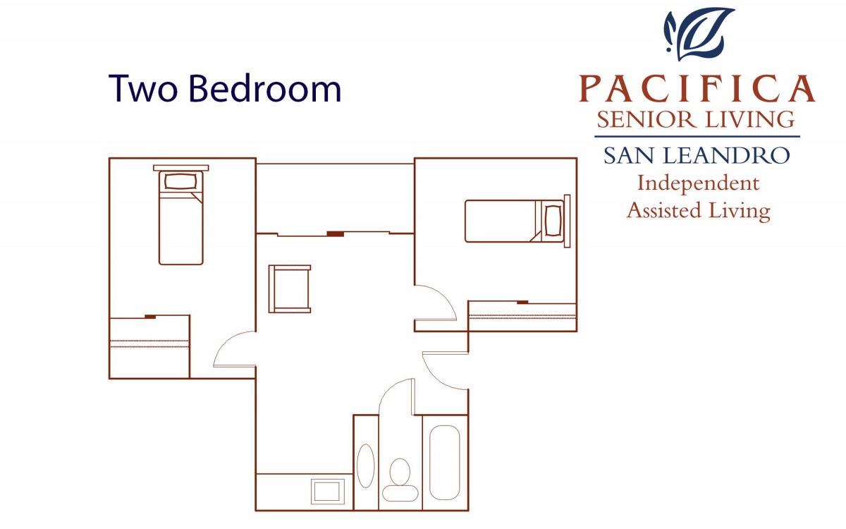 A detailed floor plan of a studio apartment at Pacifica Senior Living San Leandro.