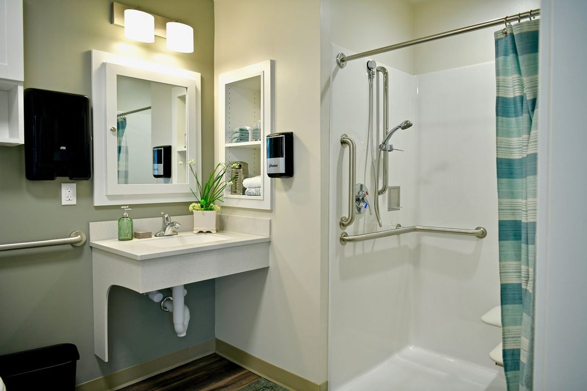 A modern, accessible bathroom with a shower and sink area equipped with grab bars.