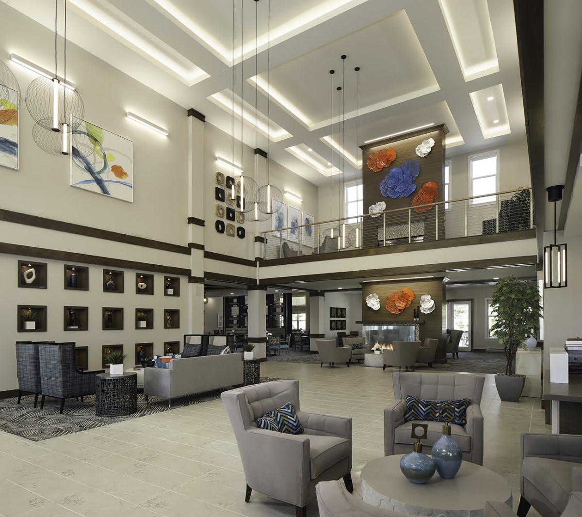 A modern lobby area with stylish furnishings and impressive artwork.
