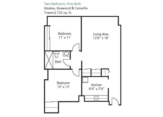 A floor plan depicting a two-bedroom, one-bathroom apartment layout.