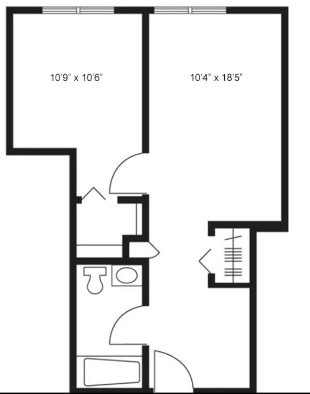 A simple floor plan showing the layout of two rooms and a bathroom.