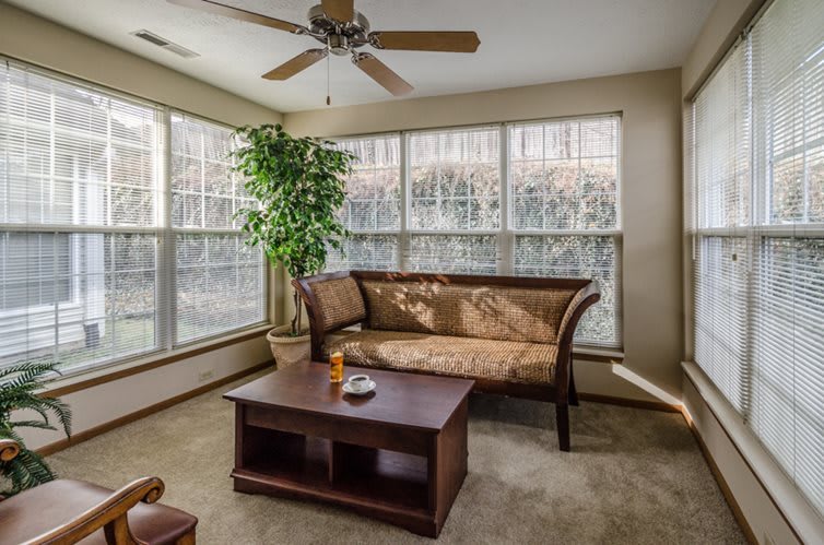 A cozy living room with large windows, featuring a sofa, coffee table, ceiling fan, and an indoor plant.