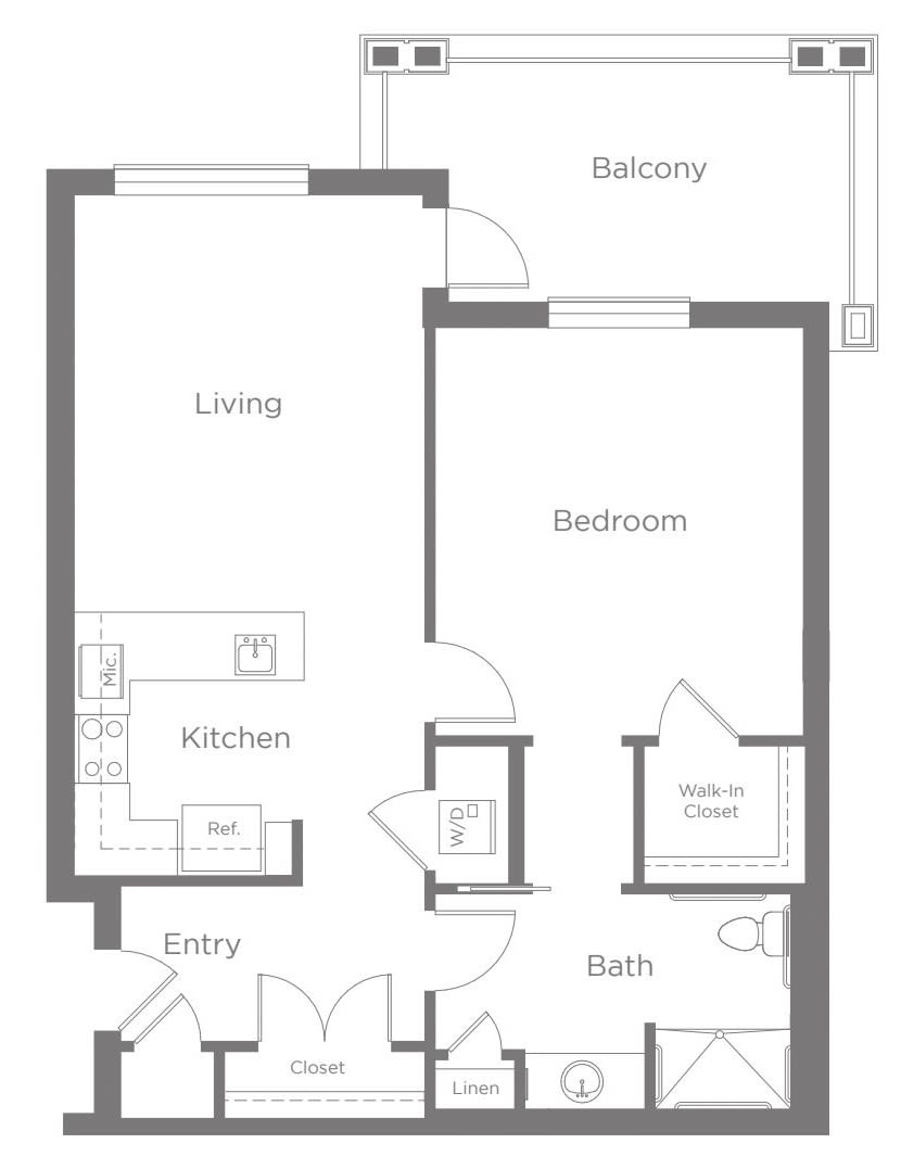 A floor plan of an apartment featuring a living room, kitchen, bathroom, and one bedroom with a balcony.
