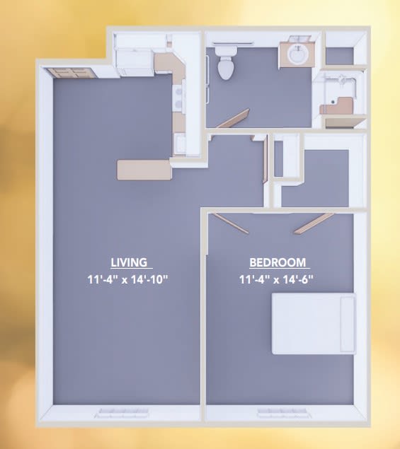 A floor plan of a one-bedroom apartment with labeled dimensions for the living room and bedroom.